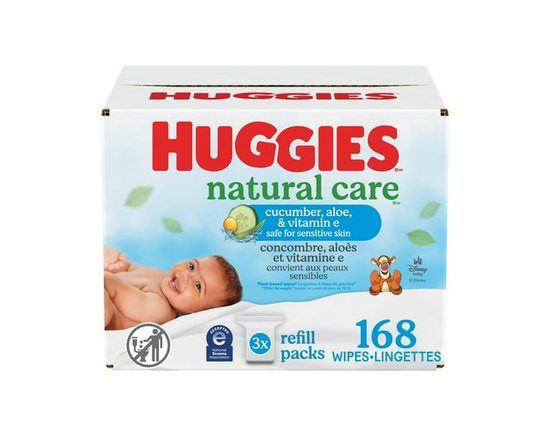 Lingettes pour bébés Huggies Natural Care Refreshing, PARFUMÉES, 3 emballages à couvercle rabattable, total de 168 lingettes
