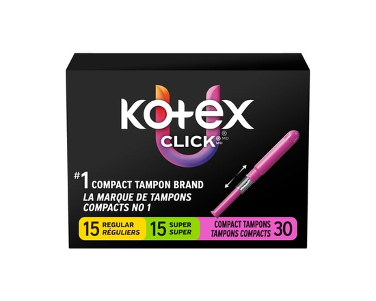 Tampons compacts U by Kotex Click, réguliers/super, emballage multiple, non parfumés, 30 tampons - S