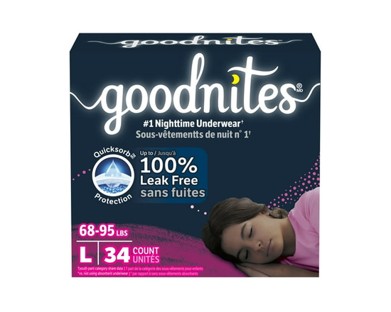 Goodnites Girls Nighttime Bedwetting Underwear, L (68-95 lbs), 34 Count (Select for More)