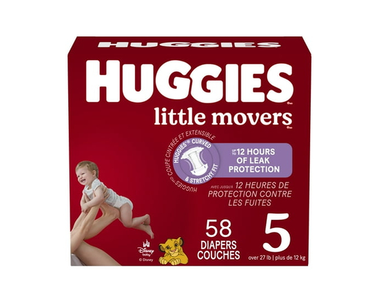 Huggies Little Movers Baby Diapers, Giga pack, Size 5 (27+ lbs), 58 Count