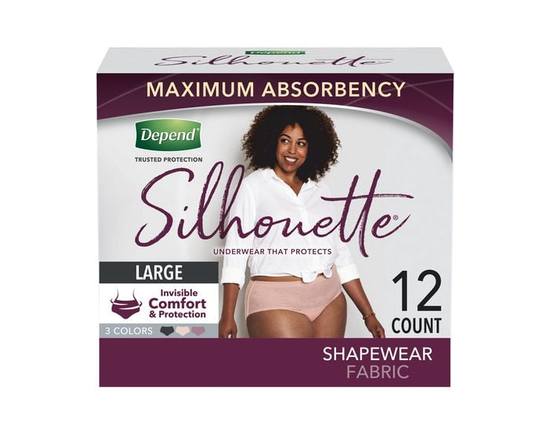 Culottes d’incontinence Depend Silhouette pour femmes, absorption maximale, G, rose, noir, et baies, emballage de 12 - G