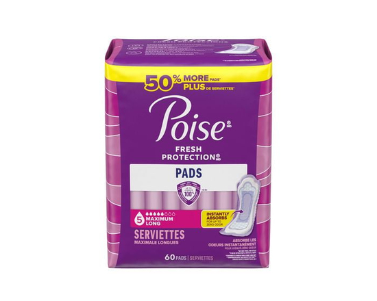 Poise Incontinence Pads & Postpartum Incontinence Pads, 5 Drop Maximum Absorbency, Long Length, 60 Count - Regular