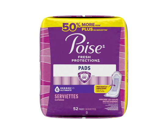 Poise Incontinence Pads for Women, 6 Drop Ultimate Absorbency, Regular Length, 52 Count - Regular