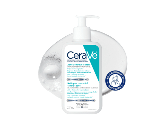 CeraVe Nettoyant Contrôle de l'Acné, Gel avec 2 % d'Acide Salicylique et Argile Purifiante pour Peau Grasse, 237 ml - 237mL