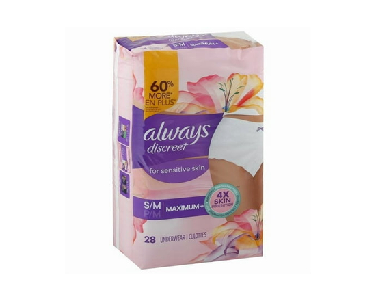 Always Discreet for Sensitive Skin Underwear, Four Times Skin Protection, Dermatologically Tested, Fragrance-Free, Maximum Absorbency S/M - S/M
