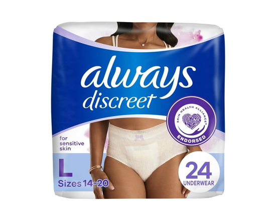 Always Discreet for Sensitive Skin Underwear, Four Times Skin Protection, Dermatologically Tested, Fragrance-Free, Maximum Absorbency - L