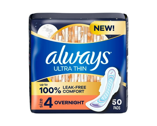 Always Ultra Thin Feminine Pads with Wings for Women, Size 4, Overnight Absorbency, Unscented, 50 Count - 50ct