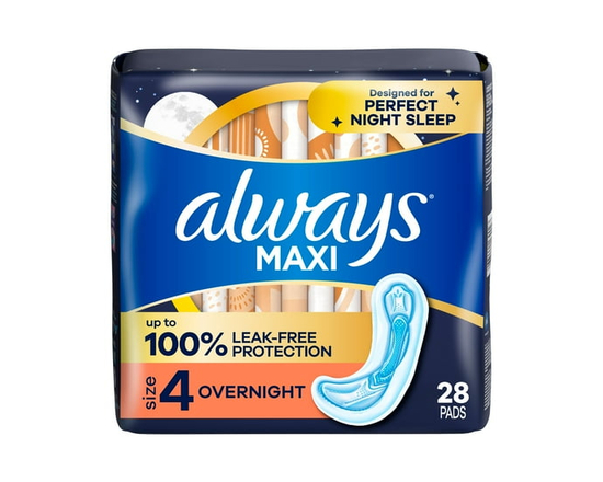 Always Maxi Overnight Pads with Wings for Women, Size 4, Overnight Absorbency, Unscented - 28ct
