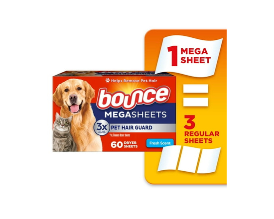 Bounce Pet Hair and Lint Guard Mega Dryer Sheets with Hair Fighters, Fresh Scent, 60CT
