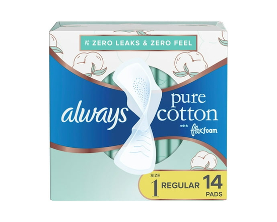 Always Pure Cotton with FlexFoam Pads, Size 1, Regular, with Wings, Unscented - 14ct