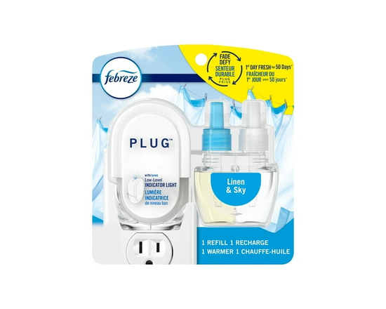 Febreze Plug In Air Freshener, Odor-Fighting Scented Oil Starter Kit, Linen & Sky, 1 Warmer + 1 Refill