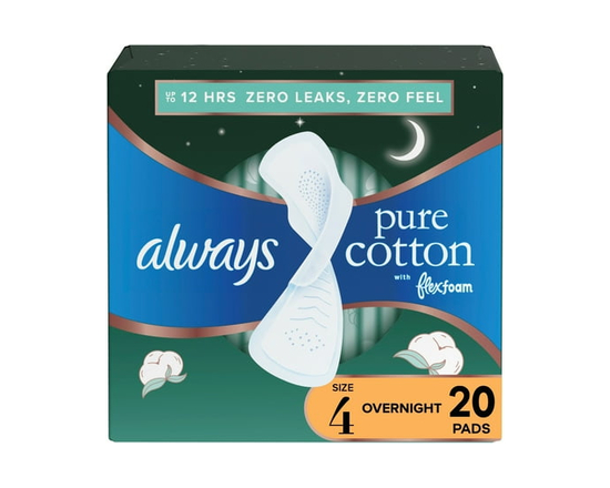 Always Pure Cotton Feminine Pads for Women, Size 4, Overnight, with wings, Unscented - 20ct