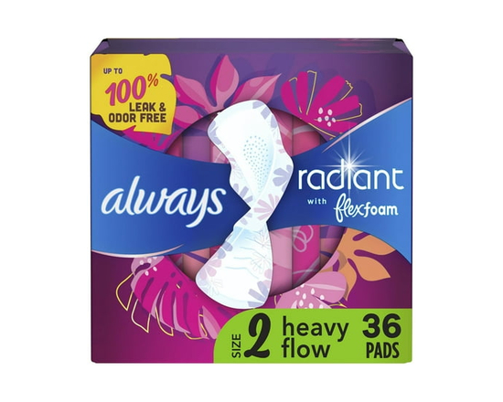 Always Radiant with FlexFoam Pads, Size 2, Heavy, with Wings, Light Clean Scent - 36ct