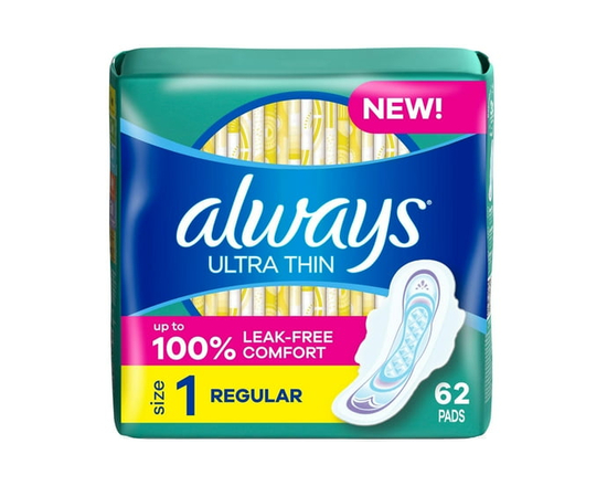 Always Serviettes Hygiéniques Ultra Minces avec Ailes pour Femmes, Taille 1, Absorption Régulière, Non Parfumées 62 Unités - 62ct