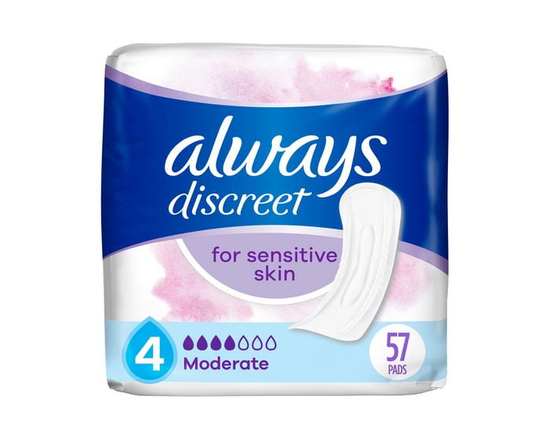 Always Discreet Incontinence Pads for Women with Bladder Leaks, Sensitive Skin Pads Moderate Absorbency, Regular Length
