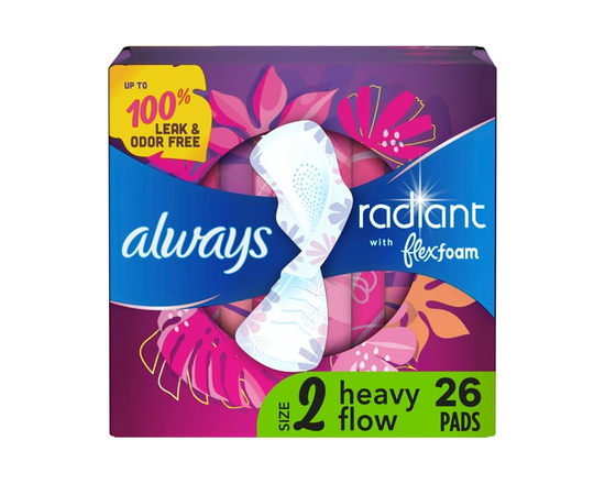 Always Radiant Serviettes Hygiéniques pour Femmes, Taille 2 Flux Abondant, avec Ailes, Léger Parfum Frais - 26ct