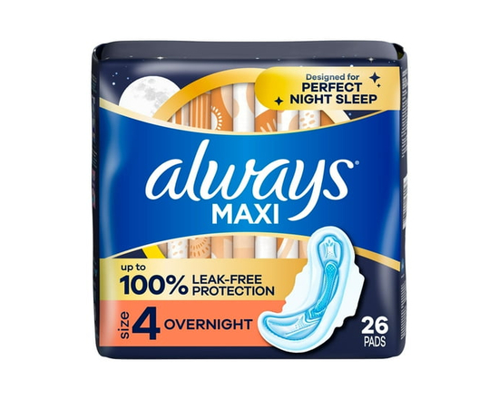 Always Maxi Serviettes de Nuit avec Ailes pour Femmes, Taille 4, Absorption de Nuit, Non Parfumées - 26ct