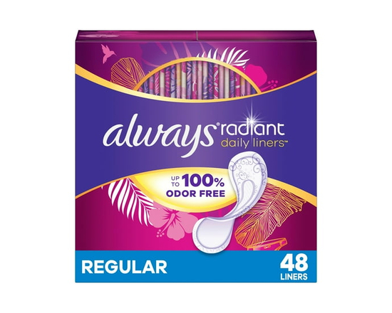 Always Radiant Daily Liners Light Absorbency, Regular Length, Up to 100% Odor Free and Fragrance Free, with Edge-2-Edge Adhesive - Regular