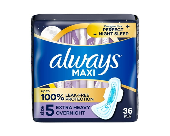 Always Maxi Overnight Pads with Wings for Women, Size 5, Extra Heavy Overnight Absorbency, Unscented 36 count - 36ct