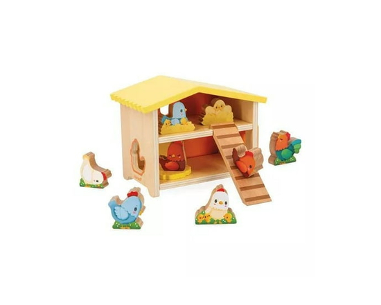 Janod - My First Chicken Coop - Henhouse and Animals - 9 Wooden Chickens - Early-Learning - Fine Motor Skills - for Children from 18 Months + - Multil