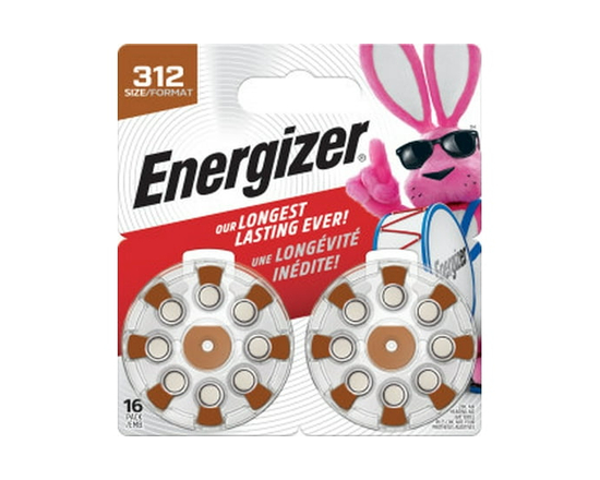 Energizer Hearing Aid Batteries Size 312, Brown Tab, 16 Pack