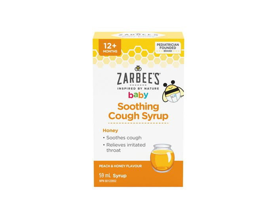 Zarbee's Baby Soothing Cough Syrup, Sore Throat Relief, Naturally Sourced Honey, Dye-Free, Peach & Honey Flavour - 59 mL