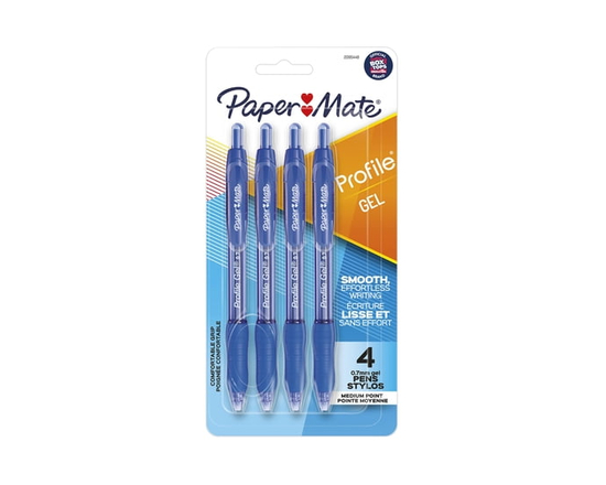 Stylo gel Paper Mate Profile, stylos rétractables, pointe moyenne (0,7 mm), noir, 4 unités (bleu)