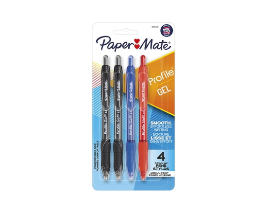 Stylo gel Paper Mate Profile, stylos rétractables, pointe moyenne (0,7 mm), noir, 4 unités (Noir, bleu, rouge)