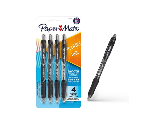 Stylo gel Paper Mate Profile, stylos rétractables, pointe moyenne (0,7 mm), noir, 4 unités - Tel Que Spécifié (Noir)