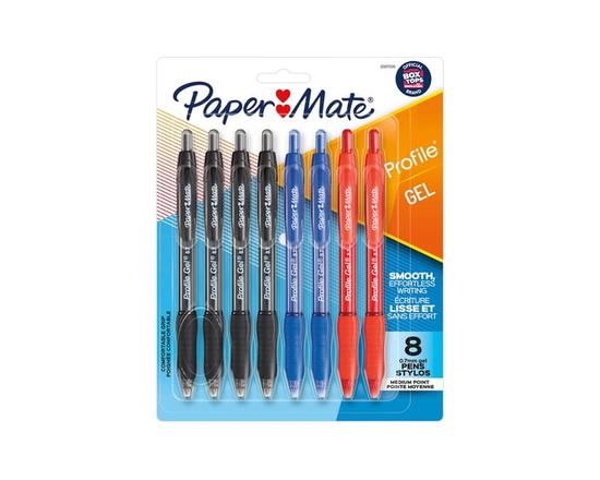 Stylo gel Paper Mate Profile, stylos rétractables, pointe moyenne (0,7&nbsp;mm), noir, 4&nbsp;unités (Noir, bleu, rouge)
