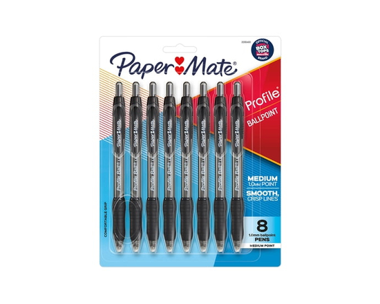 Stylos bille Paper Mate Profile, stylos rétractables, pointe moyenne (1,0 mm), couleurs assorties, 8 unités (Noir)