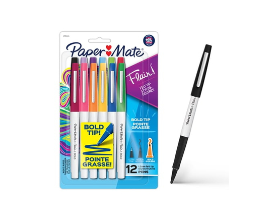 Feutres à pointe ultra-fine (0,4 mm) Paper Mate Flair, couleurs assorties, 12 pièces