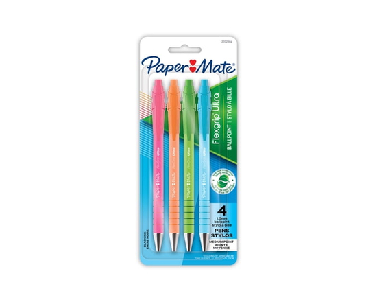 Paper Mate FlexGrip Ultra Ballpoint Pens, Medium Point (1.0 mm), Retractable, Black Ink, Assorted Barrel Colours, 4 Count