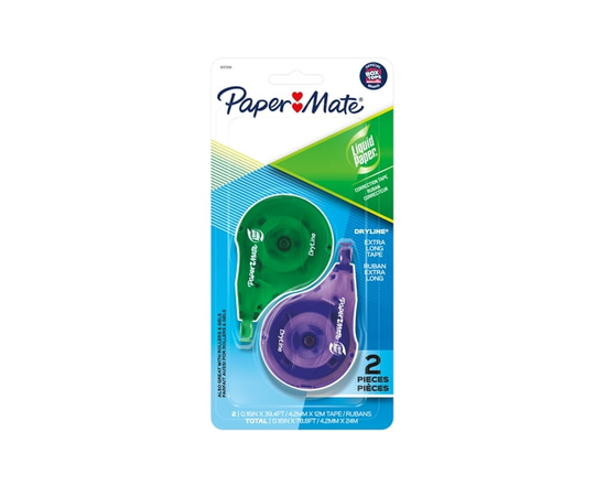 Paper Mate Liquid Paper DryLine Correction Tape, Extra Long, Green/Purple Dispensers, 2 Count