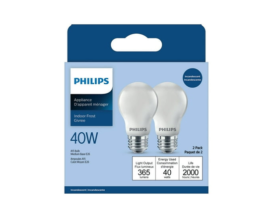 PHILIPS Paquet de 2 ampoules A15 de 40 W à culot moyen pour électroménager, intérieur givré