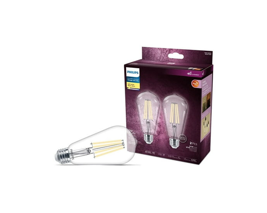 PHILIPS 8W 75W ST19 Medium Base Soft White Warm Glow LED Light Bulbs - Clear Glass, 2 Pack