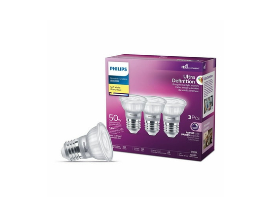 Ampoules LED PAR16 PHILIPS 4,4 W 50 W à culot moyen, blanc doux, ultra haute définition, à intensité variable, paquet de 3