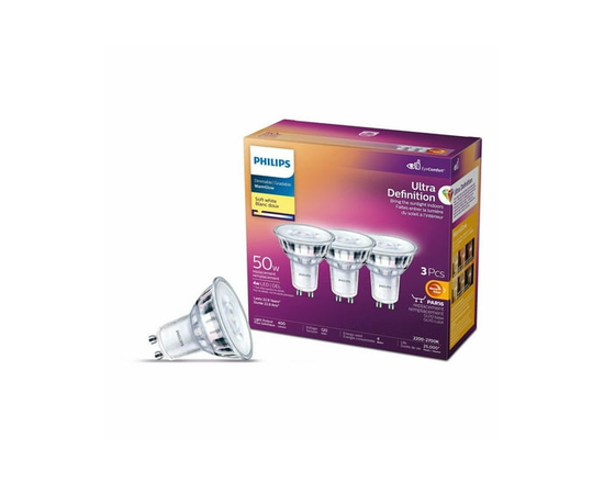 Ampoules LED Philips 4 W à culot GU10, lumière blanche douce et chaude, ultra-définition, à intensité variable - Lot de 3