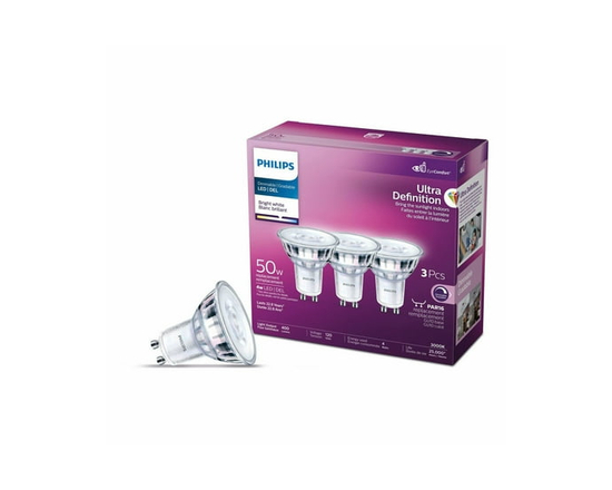 Ensemble de 3 ampoules DEL Philips Ultra Definition 50 W GU10, blanc lustré, à intensité variable