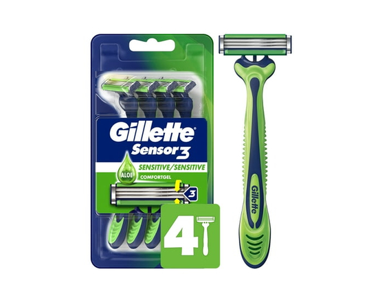 Gillette Sensor3 Sensitive Rasoir Jetable pour Hommes, 4 Rasoirs