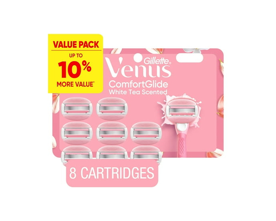 Venus ComfortGlide White Tea Women's Razor Blades, with Built-in Shave Gel Bars, 8 Razor Blade Refills