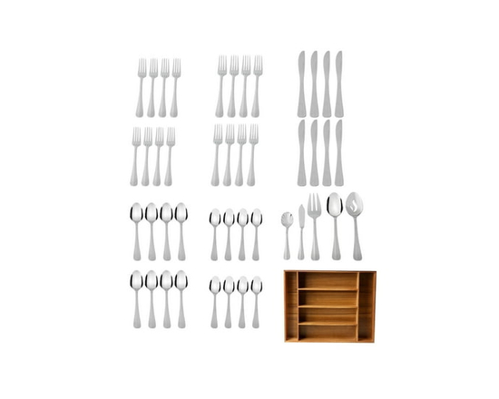 Ensemble de couverts Mainstays Splendent 46 pièces en acier inoxydable avec plateau en bois, vaisselle argentée