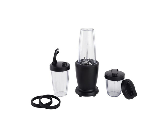 Mainstays 10-Piece Blender Set, Black, 300W, with 3 Jars (10oz, 16oz, 18oz; AS), 2 Drinking Lids, Stainless Steel Blade (Black)