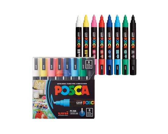 Marqueurs de peinture à base d'eau uni® POSCA PC-5M, pointe moyenne réversible (1,8-2,5 mm), couleurs assorties, lot de 8 - M