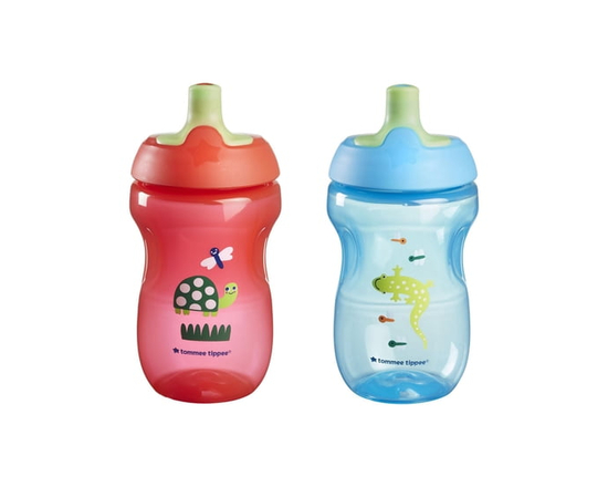 Tommee Tippee Sporty Spout Water Bottle, 2x10oz, 12 Months+ Non-Spill Toddler Sippy Cups with Bite-Resistant Spout, Easy-Hold and BPA Free, Assorted C