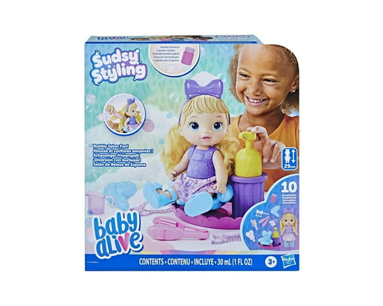 Baby Alive Sudsy Styling Doll, Includes Baby Doll Salon Chair, Accessories, Bubble Solution, Blonde Hair