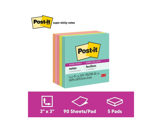 Post-it® Super Sticky Notes, Miami Collection, 90 Sheets/Pad, 5 Pads/Pack - 3 in x 3 in