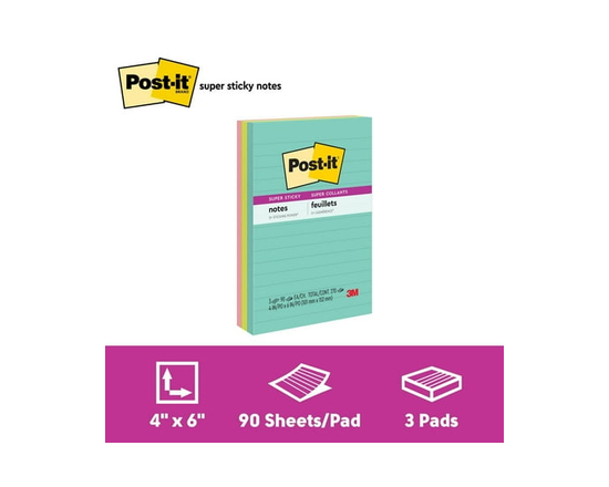 Feuillets super collants Post-it®, collection Miami, ligné - 4 po x 6 po