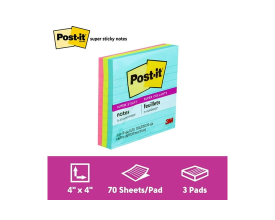 Feuillets super collants Post-it® WM675-3SSMIA-C, collection Miami - 4 in x 4 in