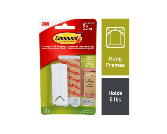 Command Wire Back Picture Hanger, White, Large, 1 Hook, 2 Adhesive Strips - L